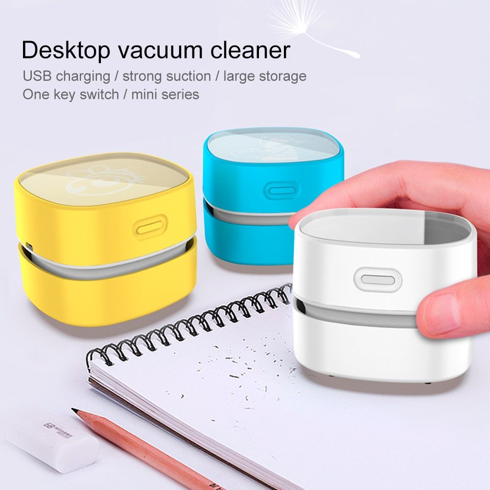 Compact USB Rechargeable Desktop Vacuum Cleaner in Yellow, Blue, and White