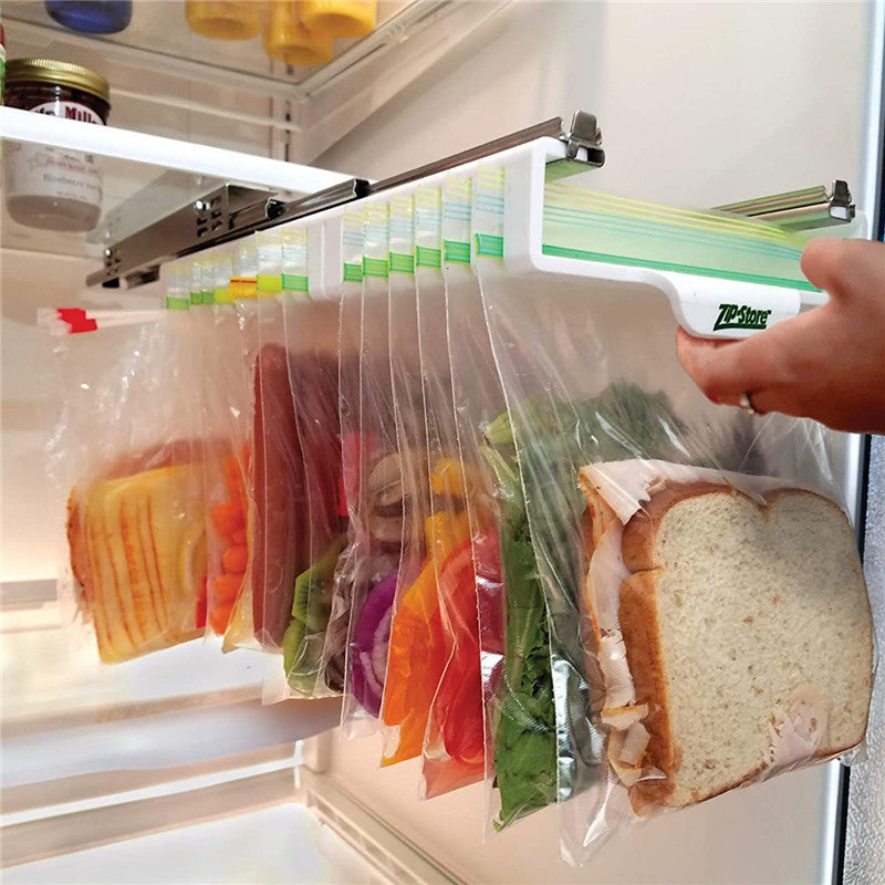 Refrigerator storage rack with eco-friendly bag holders