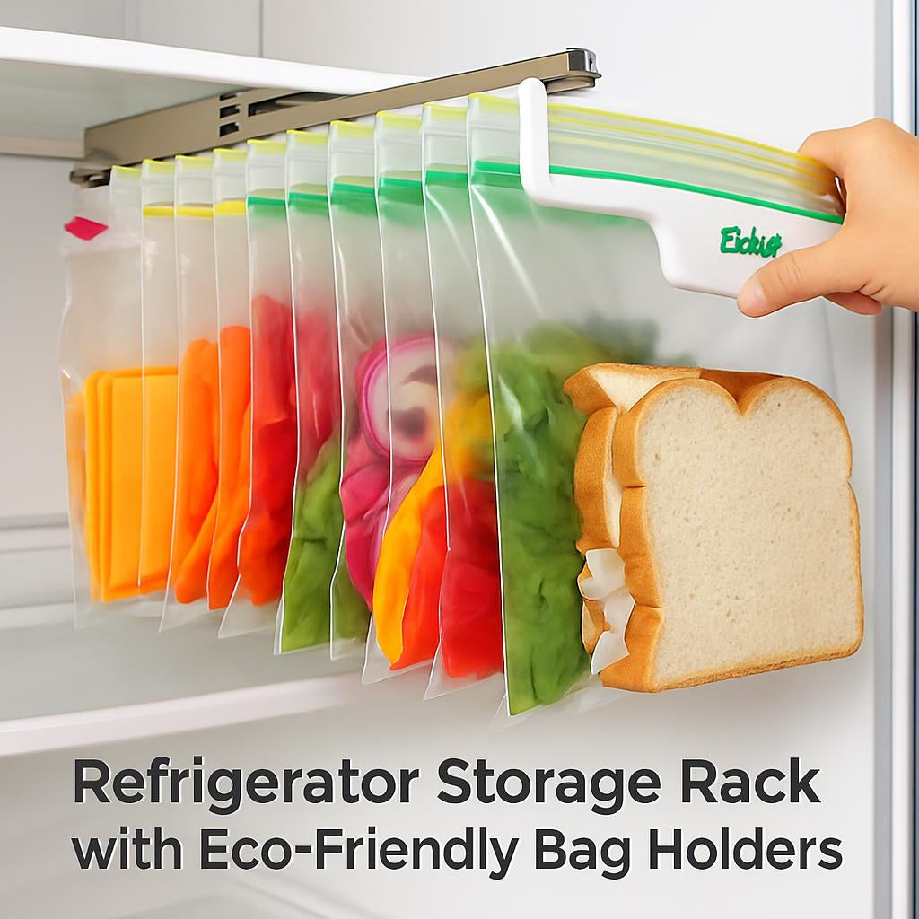 Refrigerator storage rack with eco-friendly bag holders