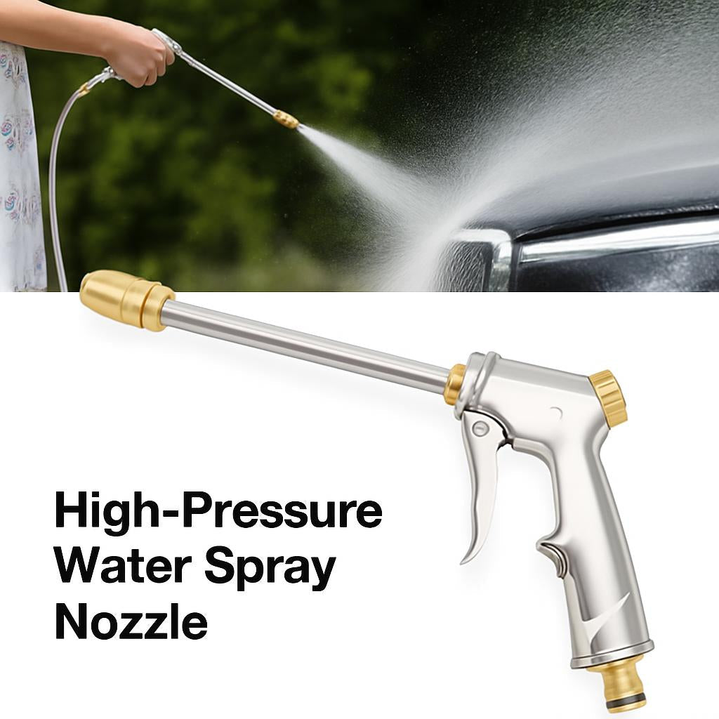 High-pressure water spray nozzle with silver and gold accents