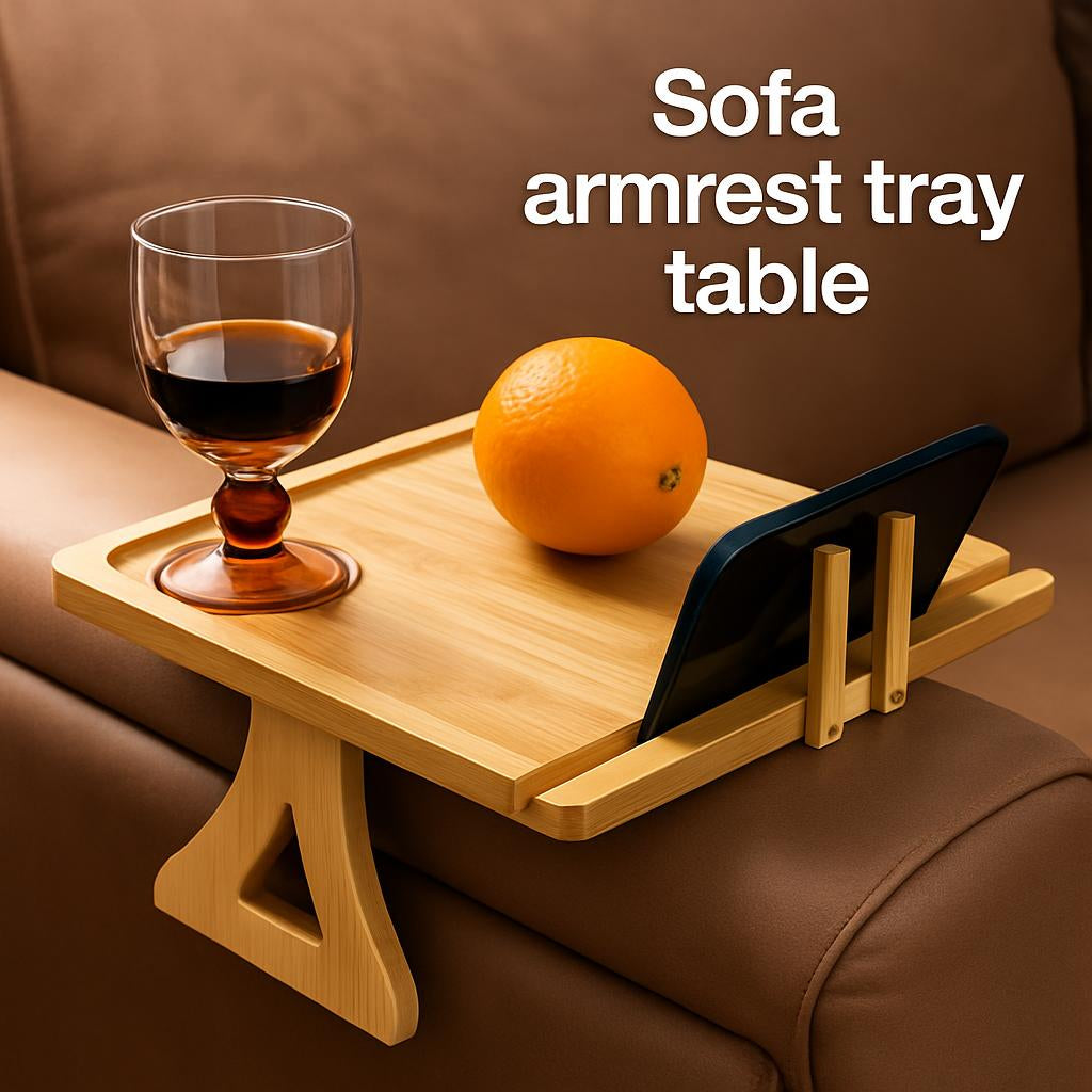 Bamboo Sofa Armrest Tray Table on a couch