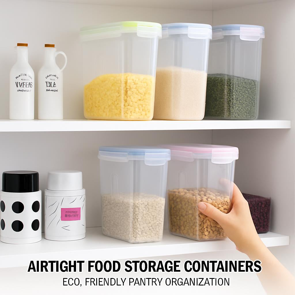 Transparent airtight storage containers with colored lids for pantry organization