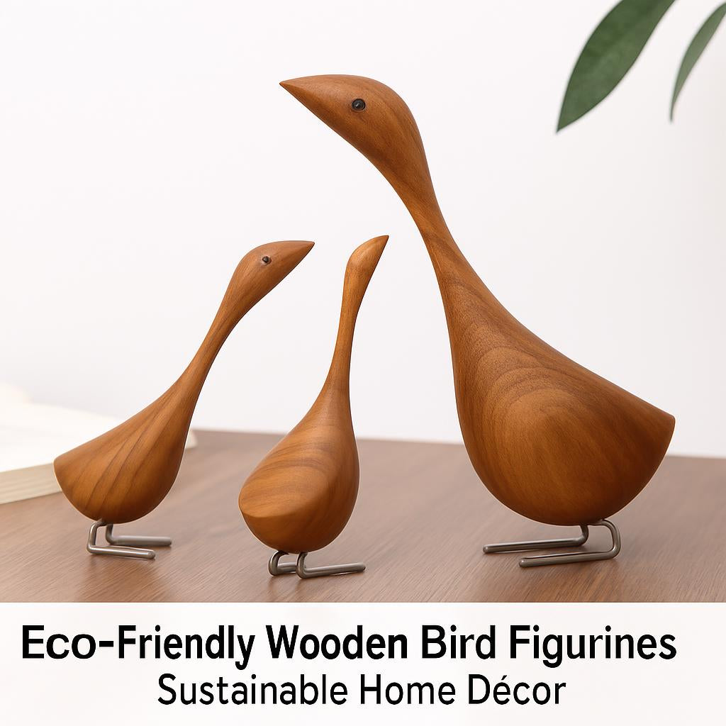 Eco-Friendly Wooden Bird Figurines in Natural Wood Tone