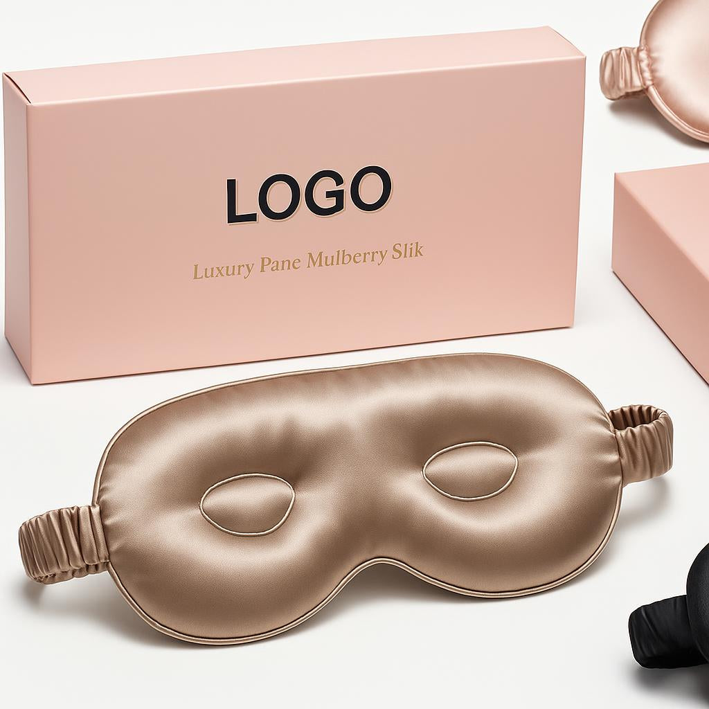 Light pink and black Mulberry Silk Sleep Mask in luxury packaging