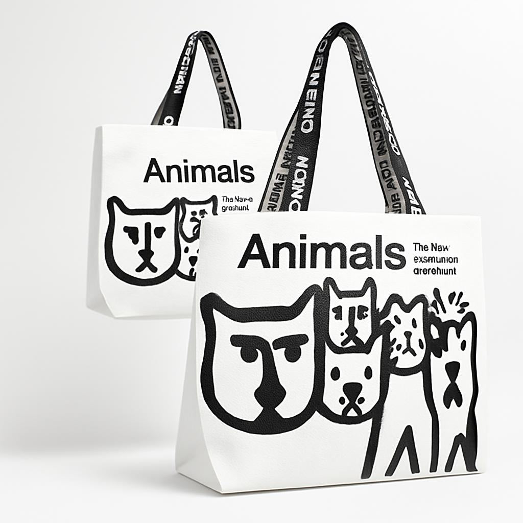 Eco-Friendly Reusable Shopping Bag with Black Illustrations
