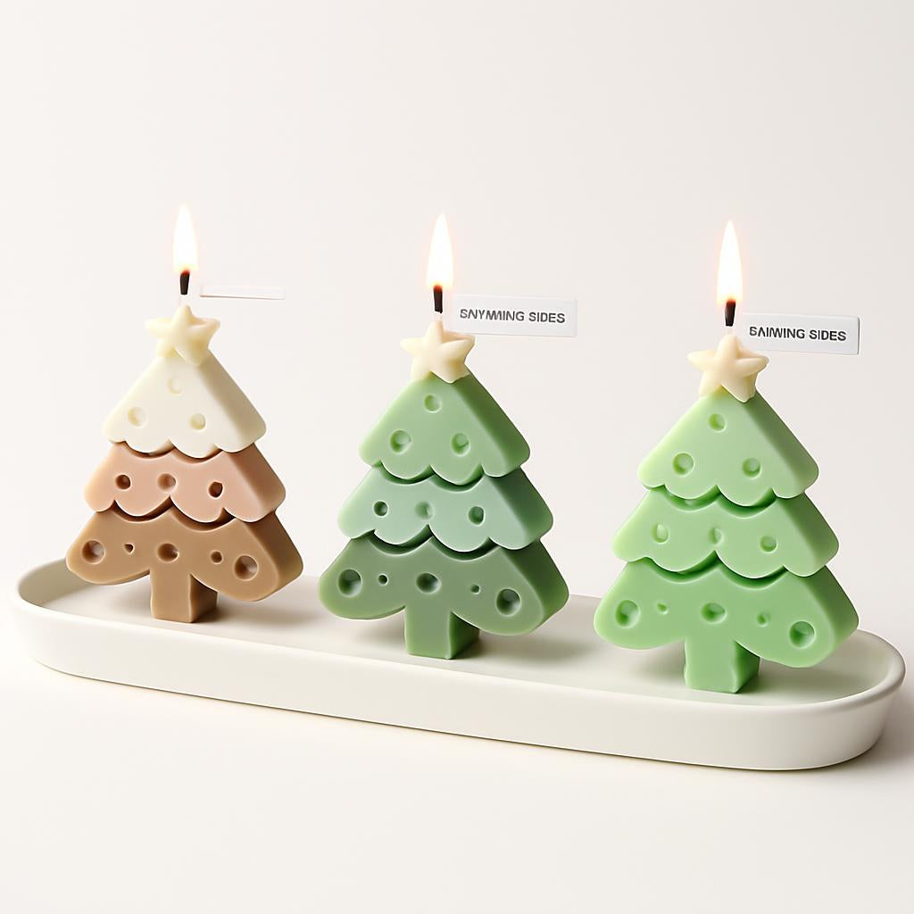 Eco-Friendly Handmade Christmas Tree Candle in Brown, White, and Green